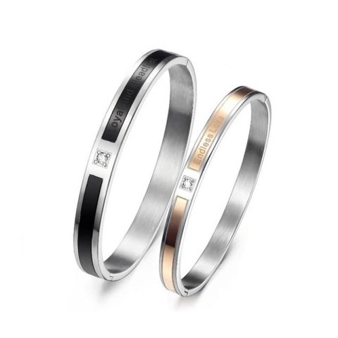 (image for) Teamo His and Hers Bracelets, Endless Love Loyal and Steadfast Engraved Bangles Set, Rose Gold / Black Bangle with CZ Diamond, Matching Jewelry for Couples