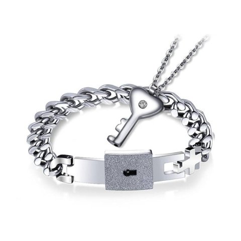 (image for) Matching Lock Bracelet And Heart Key Pendant Set In Titanium Steel