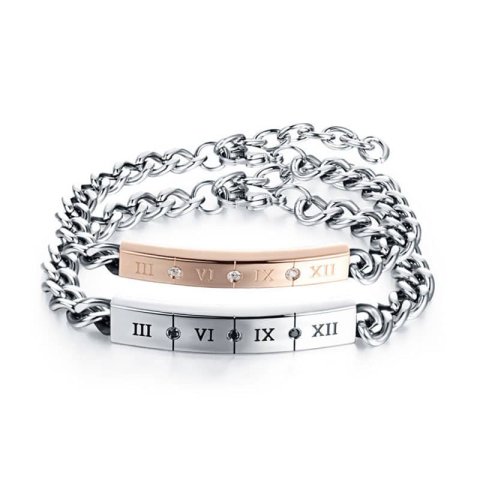 (image for) Teamo His and Hers Bracelets, Roman Numerals Bracelets Set with CZ Diamond, Personalized Rose Gold ID Tag Bracelet in Titanium Steel, Matching Jewelry for Couples