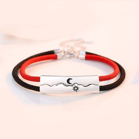 (image for) Sterling Silver Sun And Moon Matching Heartbeat Tag Rope Bracelets Set For Couples
