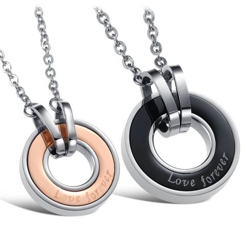 (image for) Teamo His and Hers Necklaces, Rose Gold / Black Disc Pendants, Love Forever Engraved Interlocking Circle Necklace in Titanium Steel, Matching Couple Jewelry Set