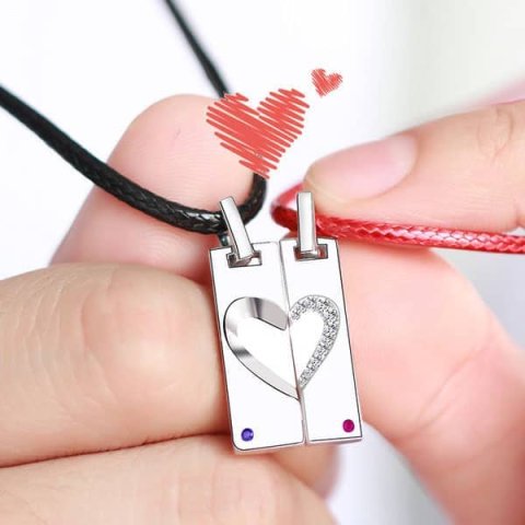 (image for) Sterling Silver Matching Heart Tag Necklaces With CZ Diamond Accents