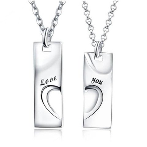 (image for) Matching Necklaces, Love You Engraved Tag Pendants Set, Sterling Silver Personalized Heart Puzzle Necklaces for Women and Men, His and Hers Jewelry for Couples