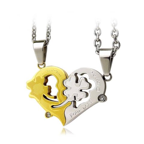 (image for) OuYan Couples Necklaces, Four Leaf Clover + Heart Puzzle Necklaces Set, Silver / Gold / Blue / Black Pendant in Titanium Steel, Matching His and Hers Jewelry for Couples