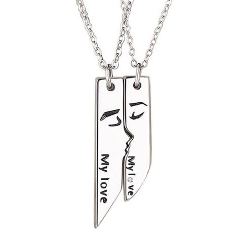 (image for) My Love Engraved Matching Couple Kiss Necklaces In 925 Sterling Silver