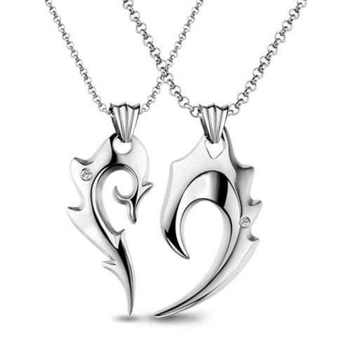 (image for) Titanium Steel Matching Couple Fire Heart Pendants Set With CZ Diamond