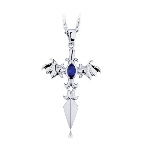 (image for) Blue Sweet Couple Necklaces, Wing + Sword + Cross Pendant for Men, Gemstone Vintage Necklace in 925 Sterling Silver, Matching His and Hers Jewelry Set for Couples