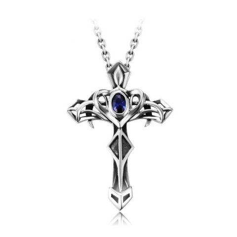 (image for) Blue Sweet Couple Necklaces, Punk Sword + Cross Pendant with Blue Corundum Inlay, Vintage Gemstone Cross Necklace in Sterling Silver, Matching His and Hers Jewelry Set