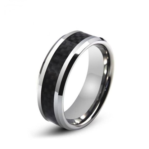(image for) Black Carbon Fiber Inlay Tungsten Wedding Band, Tungsten Carbide Wedding Ring with Beveled Edges - 6mm - 8mm, Matching Couples Jewelry Set for Him and Her