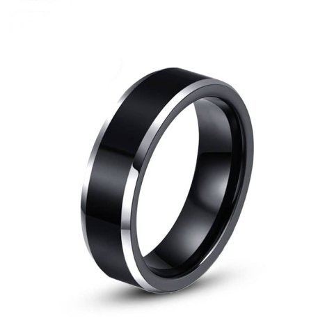 (image for) Two-Tone Tungsten Wedding Band, Black Tungsten Carbide Wedding Ring Band with White Beveled Edges - 6mm - 8mm, Matching His and Hers Jewelry Set for Couples