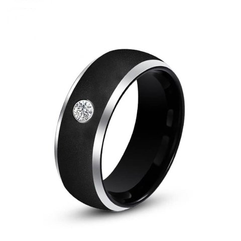 (image for) Black Center Brushed Tungsten Wedding Bands With CZ Diamond And White Edges, Domed Tungsten Carbide Wedding Ring For Men - 8mm, Matching Tungsten Jewelry Set
