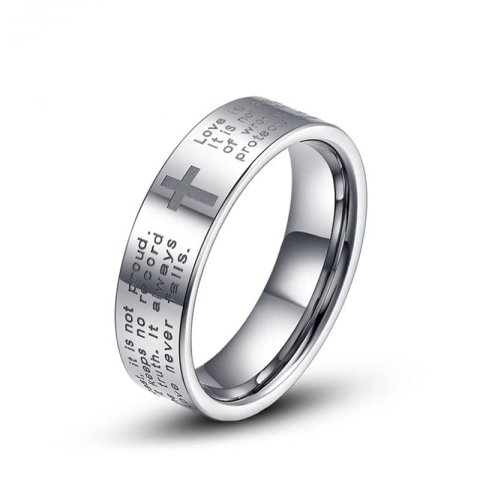 (image for) Holy Bible and Cross Laser Engraved Tungsten Wedding Bands, Flat Tungsten Carbide Wedding Ring Band for Women or Men, Matching His and Hers Jewelry Set for Couples