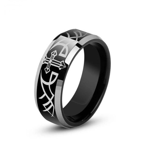 (image for) Cross + Wing Engraved Tungsten Wedding Band for Men, Black Tungsten Carbide Wedding Ring with White Beveled Edges, Matching His and Hers Jewelry Set for Couples
