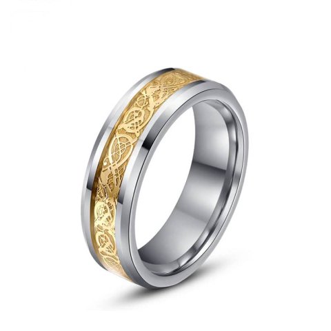 (image for) Gold / White Celtic Dragon Inlay Tungsten Wedding Bands, Beveled-Edge Tungsten Carbide Wedding Ring Band - 6mm - 8mm, Matching His and Hers Jewelry Set for Couples