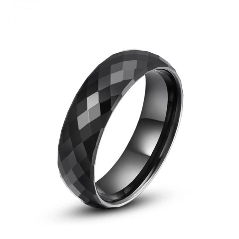 (image for) Black Faceted + Domed Tungsten Wedding Bands, Unique Tungsten Carbide Wedding Ring Band for Men or Women - 6mm, Matching His and Hers Jewelry Set for Couples
