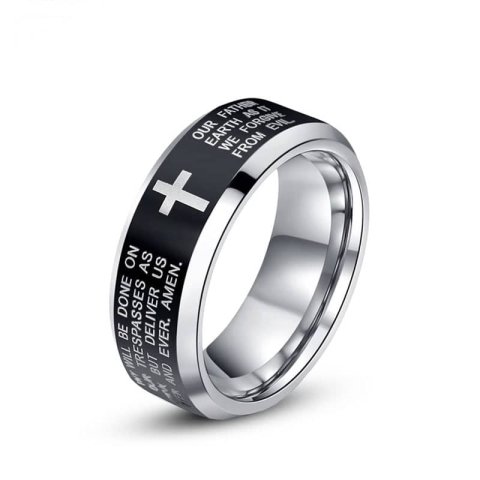 (image for) Holy Bible and Cross Engraved Tungsten Wedding Bands, Beveled-Edge Black Center Tungsten Carbide Wedding Ring Band, Matching His and Hers Jewelry Set for Couples