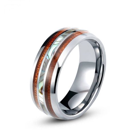 (image for) Mother Of Pearl And Koa Wood Inlay Tungsten Wedding Bands, Domed Tungsten Carbide Wedding Ring For Women Or Men - 6mm - 8mm, Matching Tungsten Jewelry Set
