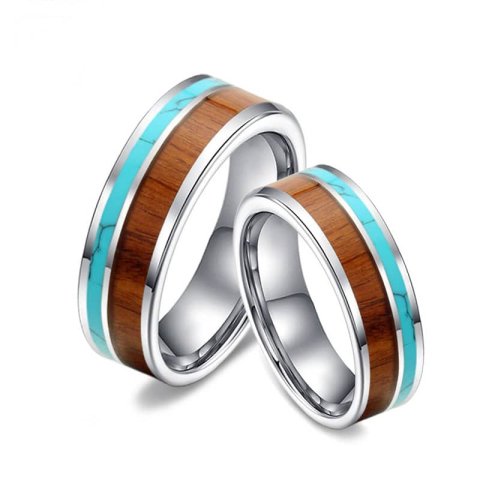 (image for) Koa Wood and Turquoise Inlaid Tungsten Wedding Bands, Unique Tungsten Carbide Wedding Ring Band - 6mm - 8mm, Matching His and Hers Jewelry Set for Couples