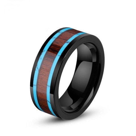 (image for) Black Tungsten Wedding Bands With Turquoise And Koa Wood Inlay, Unique Men's Black Tungsten Carbide Wedding Ring - 8mm, Matching Tungsten Jewelry Set For Couples