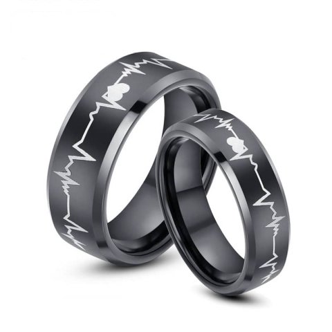 (image for) Black Tungsten Wedding Bands Set for Women & Men, Hearts and Heartbeat Laser Engraved Tungsten Carbide Life Ring Band - 4mm - 8mm, Matching His Hers Jewelry for Couples