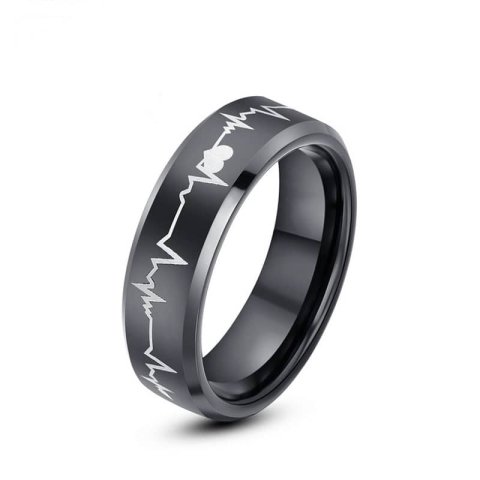 (image for) Black Tungsten Wedding Bands, Beat of My Heart Tungsten Carbide Wedding Band, Hearts and Heartbeat Engraved Life Ring - 4mm - 8mm, Matching Couple Jewelry Set for Him and Her