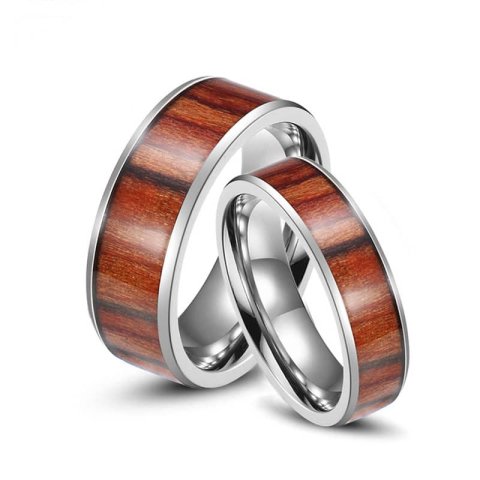 (image for) Koa Wood Inlay Titanium Steel Wedding Bands, Polished Steel Wedding Ring Band With Flat Profile - 4mm - 6mm - 8mm, Matching Couple Jewelry Set For Women And Men