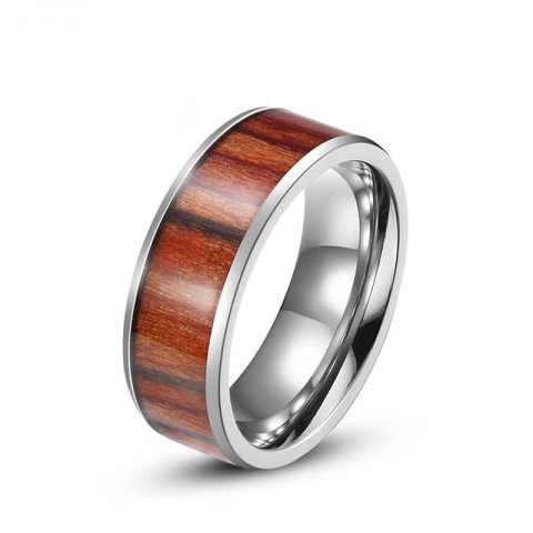 (image for) Koa Wood Inlay Titanium Steel Wedding Bands For Men Or Women, Unique Steel Wedding Ring Band With Flat Profile - 4mm - 6mm - 8mm, Matching Couples Jewelry Set