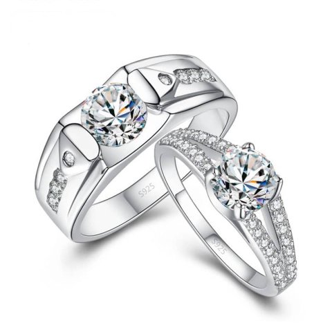 (image for) Cubic Zirconia Diamond Engagement Rings Set for Men and Women, Engravable Unique Promise Ring in 925 Sterling Silver, Matching Couples Jewelry for Him and Her