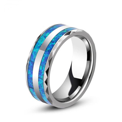 (image for) Double Opal Inlay Tungsten Wedding Bands For Men, Unique Gemstone Tungsten Carbide Wedding Ring Band With Faceted Edges - 8mm, Matching Couples Tungsten Jewelry