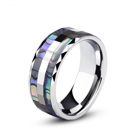 (image for) Mother Of Pearl Inlay Tungsten Wedding Bands For Men, Double Shell Inlay Tungsten Carbide Wedding Ring Band With Faceted Edges - 8mm, Matching Couples Jewelry Set
