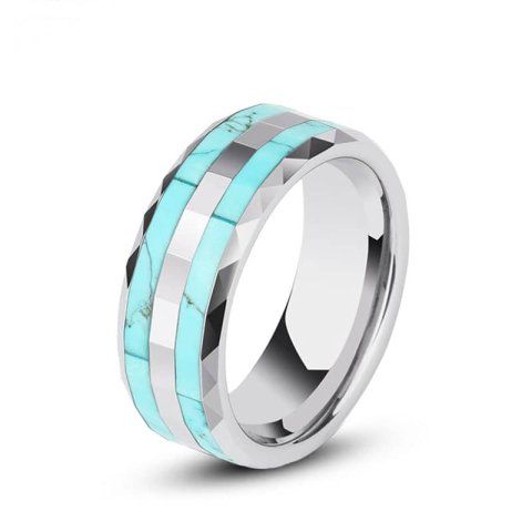 (image for) Double Turquoise Inlay Tungsten Wedding Bands, Men's Unique Gemstone Tungsten Carbide Wedding Ring Band With Faceted Edges - 8mm, Matching Couples Jewelry Set