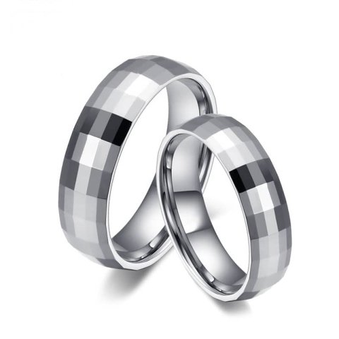 (image for) Faceted + Domed Tungsten Wedding Bands Set, White Tungsten Carbide Wedding Ring Band for Women and Men - 2mm - 6mm, Matching His and Hers Jewelry for Couples