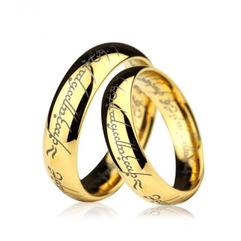 (image for) Gold LOTR Laser Engraved Tungsten Wedding Bands Set, Domed Tungsten Carbide Lord of The Rings One Ring - 4mm - 8mm, Matching His and Hers Jewelry for Couples