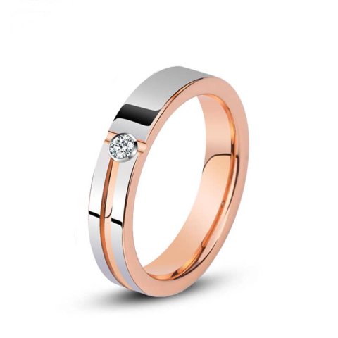 (image for) Rose Gold Cross Grooves Tungsten Wedding Bands With Single CZ Diamond, Two-Tone Tungsten Carbide Wedding Ring Band For Women - 4mm, Matching Tungsten Jewelry Set
