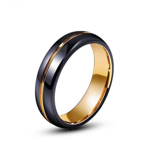 (image for) Domed Gold Tungsten Wedding Bands With Groove, Polished Finish Tungsten Carbide Wedding Ring With Black Face - 6mm, Couple Tungsten Jewelry Set For Women Or Men