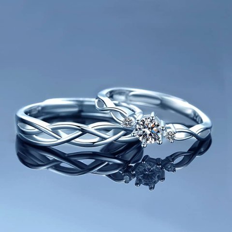 (image for) Basket Weave Three Stones Diamond Matching Rings Set In Sterling Silver