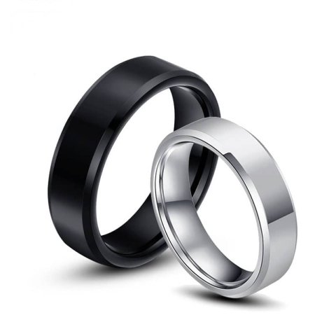 (image for) Black + White Tungsten Wedding Bands Set for Women and Men, Beveled-Edge Tungsten Carbide Wedding Ring Band - 4mm - 8mm, Matching Couple Jewelry for Him and Her