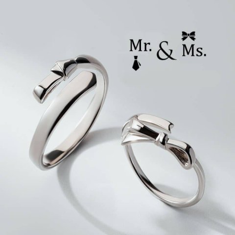 (image for) Handmade Matching Couple Mr. Tie Ring And Ms. Bow Ring Set In Sterling Silver