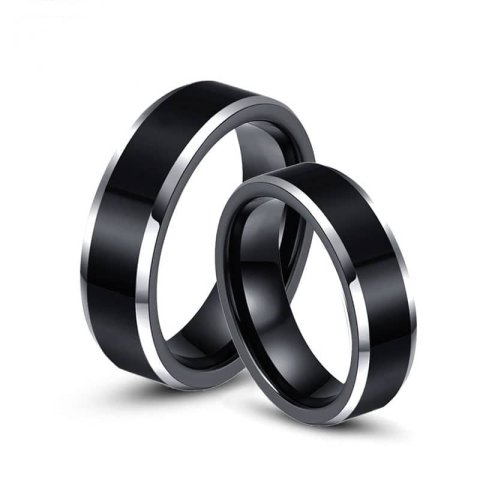 (image for) Matching Couple Black Tungsten Wedding Bands, Black Tungsten Carbide Wedding Rings With Silver Beveled Edges, Matching His and Hers Tungsten Jewelry Set for Couples