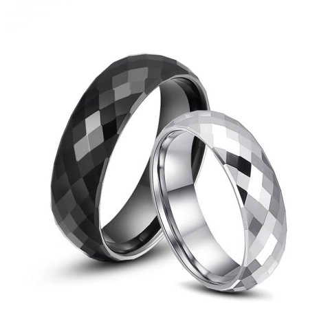 (image for) Matching Black + White Faceted Tungsten Wedding Bands Set, Tungsten Carbide Domed Wedding Ring for Women and Men - 6mm - 8mm, Couple Jewelry for Him and Her