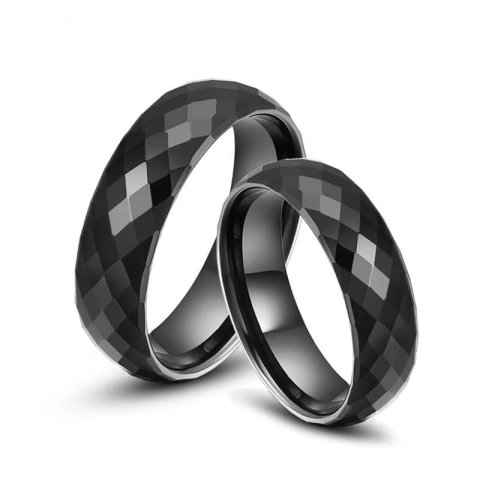 (image for) Matching Black Faceted + Domed Tungsten Wedding Bands, Unique Tungsten Carbide Wedding Ring Band - 6mm, Matching Couple Jewelry Set For Men And Women