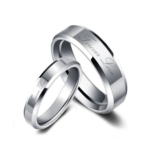 (image for) Forever Love Engraved Tungsten Wedding Bands Set for Women and Men, Tungsten Carbide Wedding Ring Band with Beveled Edges - 4mm - 8mm, Matching His and Hers Jewelry for Couples