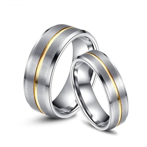 (image for) Beveled-Edge Tungsten Wedding Bands Set, Tungsten Carbide Wedding Ring Band with Gold Inlaid Brushed Center - 6mm - 8mm, Matching His and Hers Jewelry for Couples