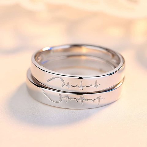 (image for) Sterling Silver Matching Heart And Heartbeat Love Rings Set For Couples
