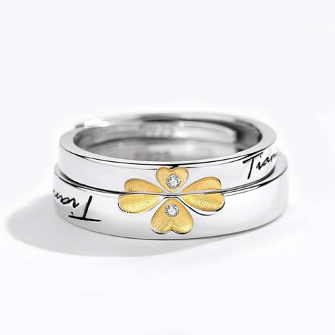 (image for) Polished Sterling Silver Matching Couple Lucky Clover Rings With CZ Diamond - 18K Gold Plating