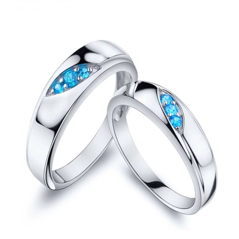 (image for) Three Stones Promise Rings for Couples, 925 Sterling Silver Engagement Ring Band with Blue Cubic Zirconia Stones, Matching Couple Jewelry Set for Him and Her
