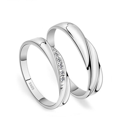 (image for) Simple Wave Promise Rings for Couples, 925 Sterling Silver Wedding Ring Band with Cubic Zirconia Diamond Accents, Matching Couple Jewelry Set for Him and Her