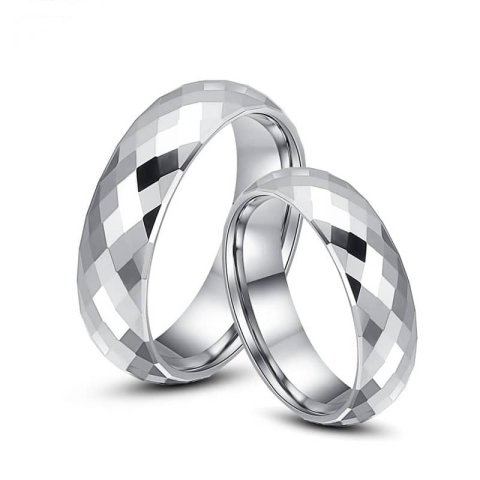 (image for) Domed Faceted Tungsten Wedding Bands Set for Women and Men, Engravable White Tungsten Carbide Wedding Ring - 2mm - 6mm, Matching His and Hers Jewelry for Couples