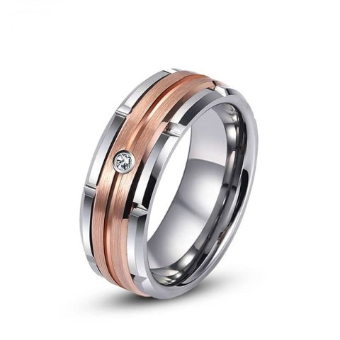 (image for) Mens Tungsten Wedding Bands With CZ Diamond And Brushed Rose Gold Center, Unique Tungsten Carbide Wedding Ring With Grooves - 8mm, Matching Tungsten Jewelry Set
