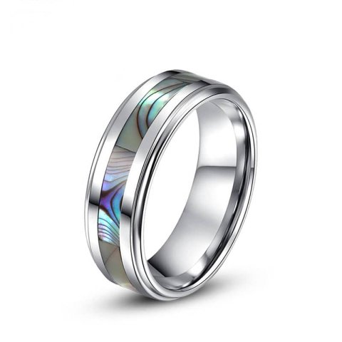 (image for) Mother of Pearl Inlay Tungsten Wedding Band, Unique Tungsten Carbide Wedding Ring Band for Women or Men - 6mm - 8mm, Matching His and Hers Jewelry Set for Couples